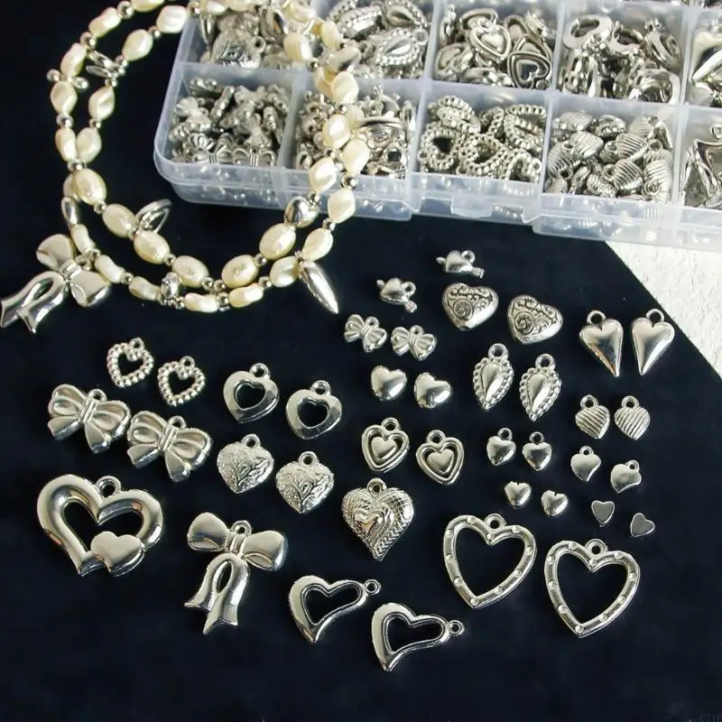 10pcs/set Silver Plated Small Heart Bowknot Charm Pendants for Women DIY Love Jewelry Necklaces Making Findings