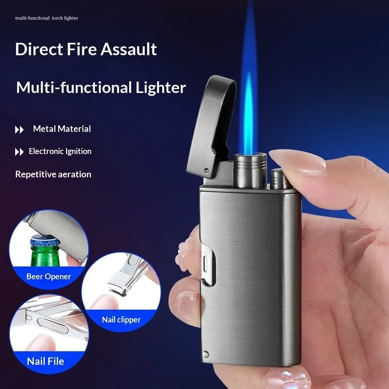 Three in One Multifunctional Spray Gun Lighter Windproof and Refillable Metal Lighter with Nail Clippers and Bottle Opener