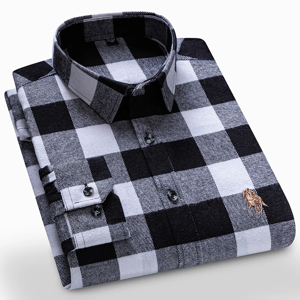 

Men's 100% Cotton Brushed Color-Block Plaid Striped Shirt with Embroidered Logo, Soft Comfortable Pocketless Fall Winter Casual