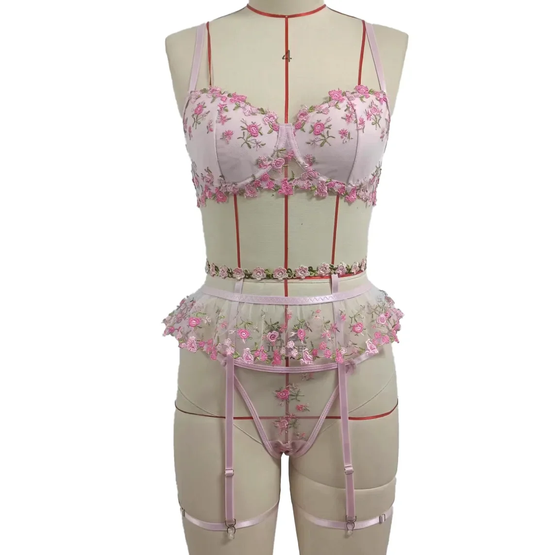 Sexy Floral Embroidery Lingerie Set Autumn Pure Desire Style Hollow Out Lace Underwear Bra Female Sweet Pink Exotic Apparel Suit