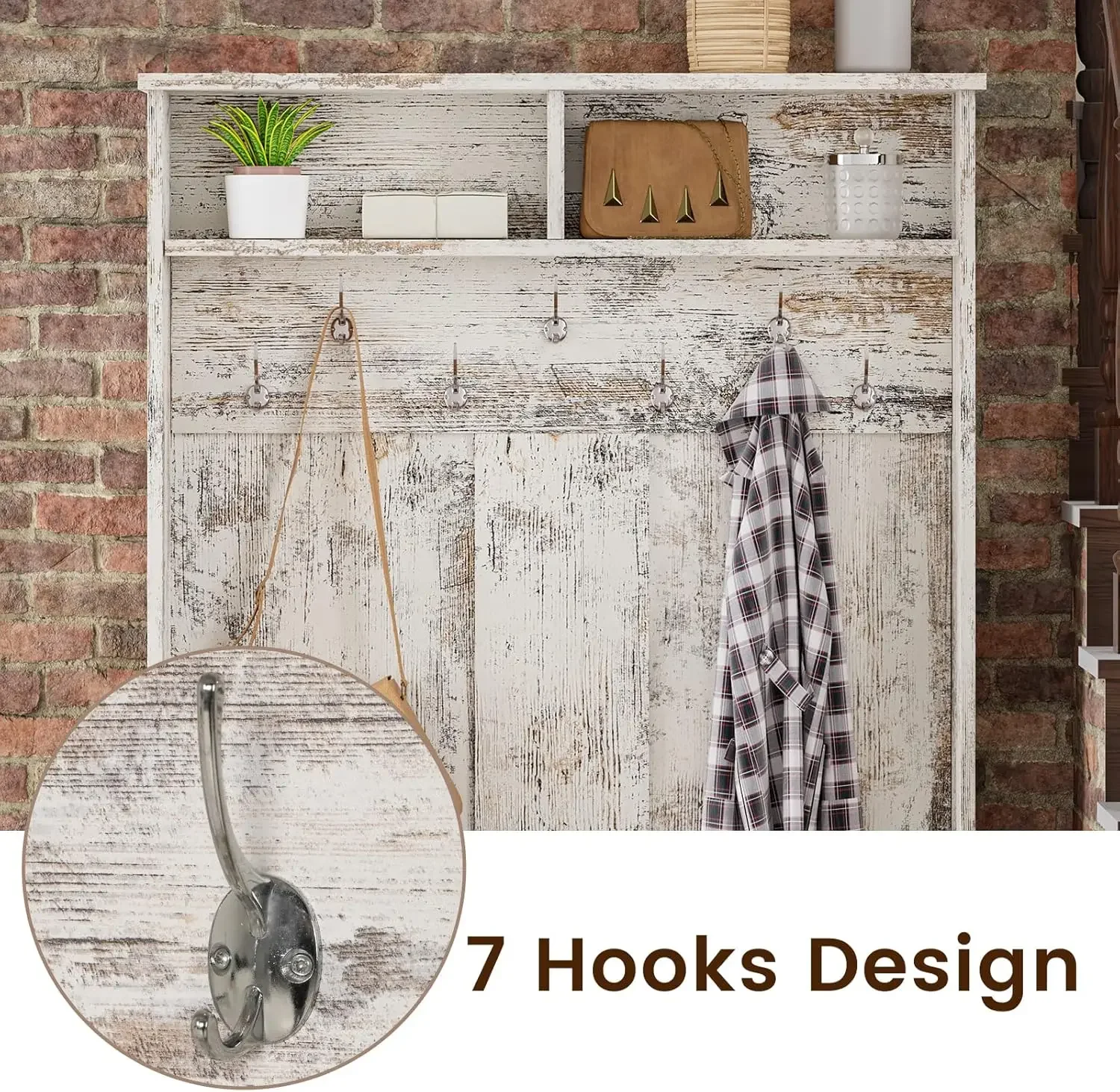 Hall Tree, Storage Bench, Shoe Rack for Entryway, Hall Tree with Bench and Adjustable Shoe Storage, Vintage White