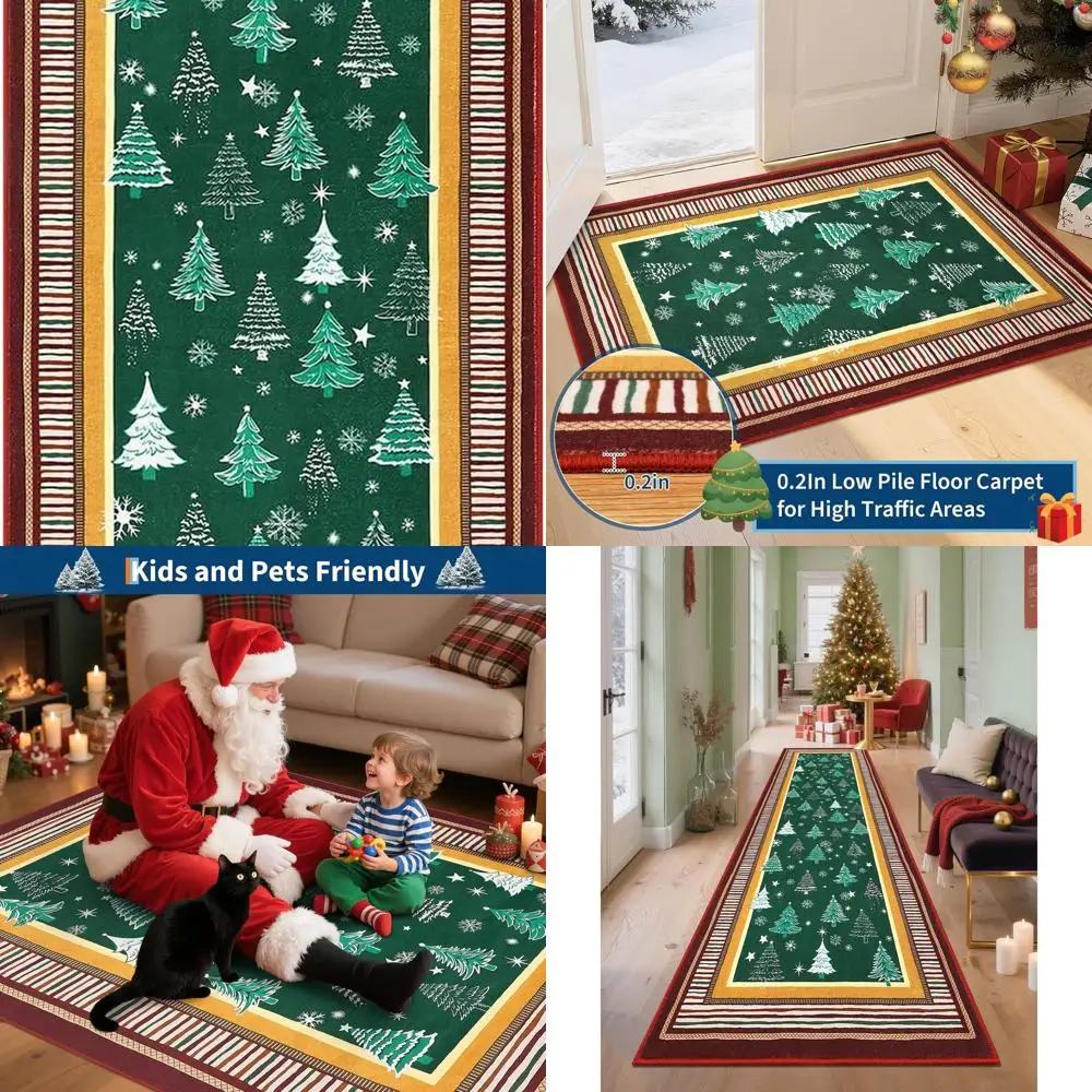 

Non-Slip Christmas Rug Runners for Hallways, Tree Print Kitchen Mats, Washable Area Rugs for Entryways, Soft Green Holiday Carpe