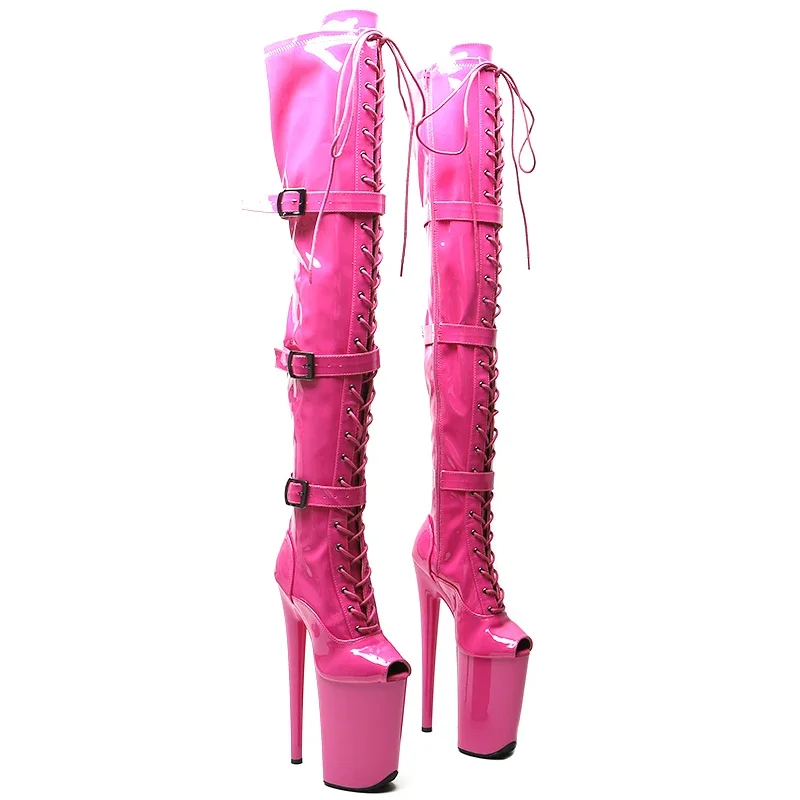 Leecabe   23CM/9inches  Shiny  PU  Patent Small Open Toe fashion  lady  High Heel platform  Pole Dance boots