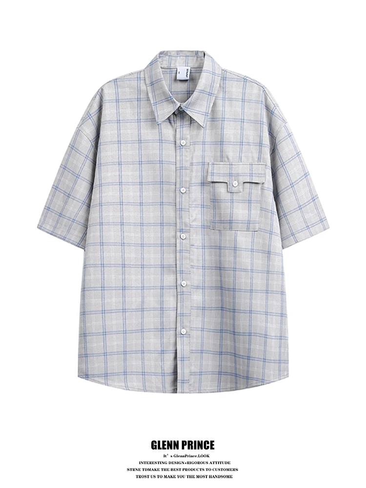 

GPstudio2026 New Men's Linen Plaid Short Sleeve Shirt Summer Vacation Loose Feeling Lazy Shirt Casual Breathable Polyester Blend