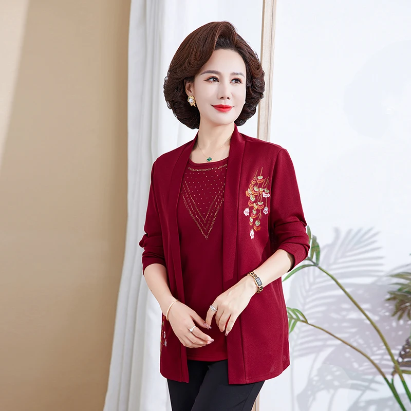 2pcs/set Embroidery Floral T-shirts Women Spring Fall Fashion Middle Age Mother Tee Shirts Femme Suit Tops