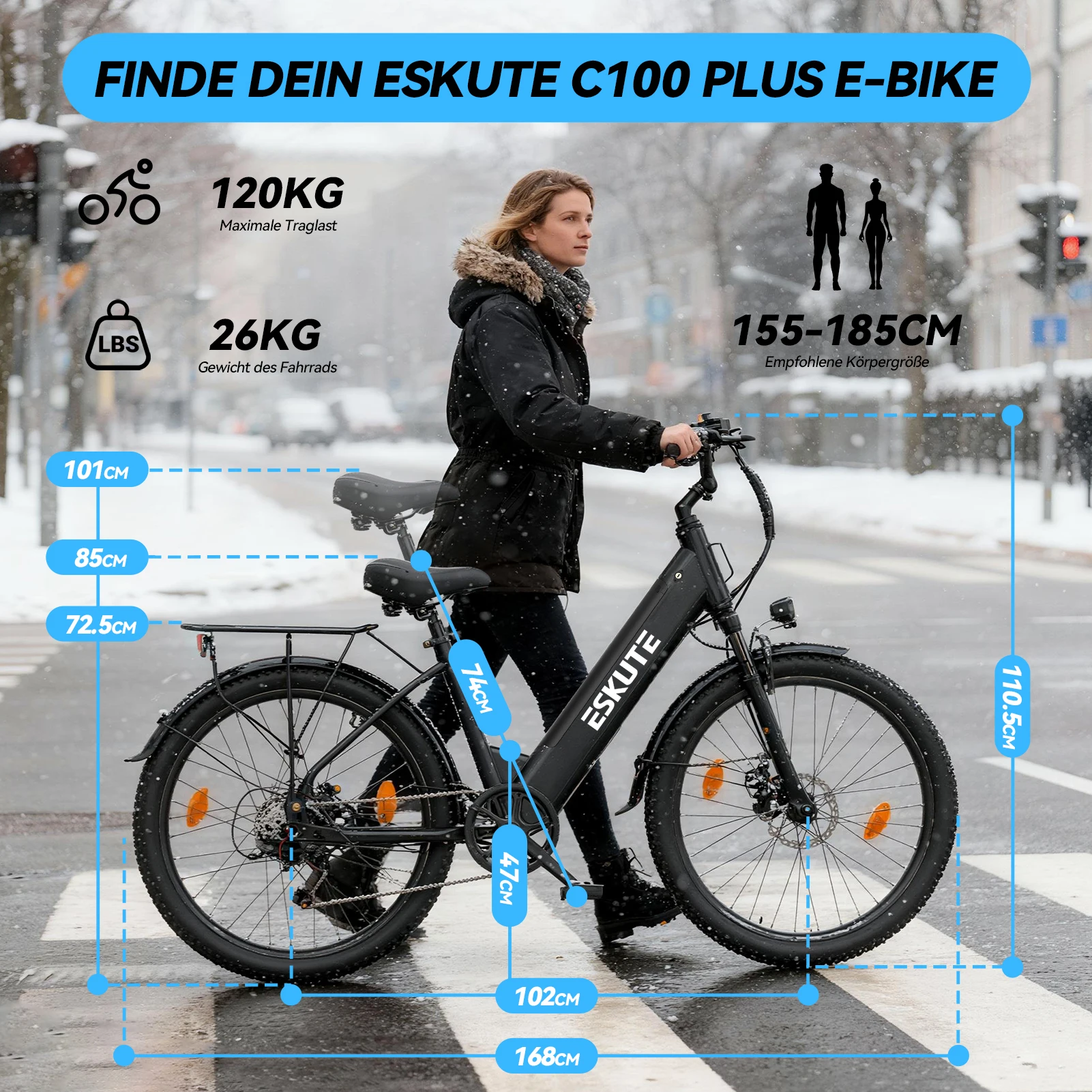 ESKUTE C100 PLUS Elektrofahrrad für Erwachsene, 250 W, E-City-Elektrofahrrad, Urban Commuter, 36 V, 13 Ah, Batterie, 26-Zoll-Reifen, E-Bike – Detail 8