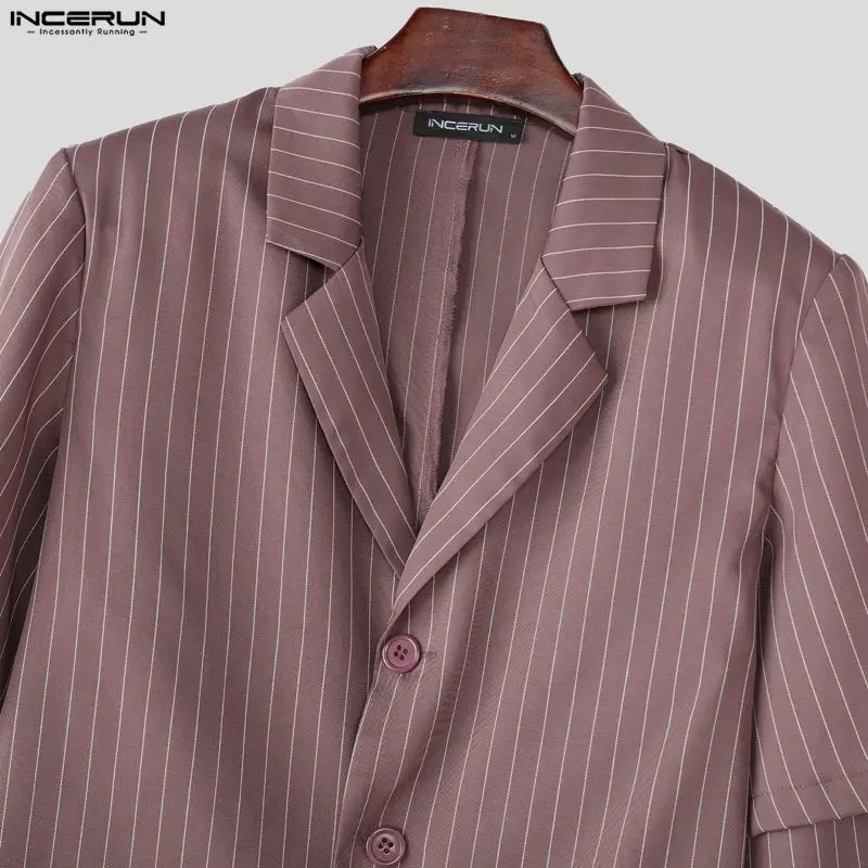 INCERUN 남성 스트라이프 세트 라펠 긴 소매 블레이저 & 바지 두 조각 세트 스트리트웨어 우아한 패션 캐주얼 남성 캐주얼 정장