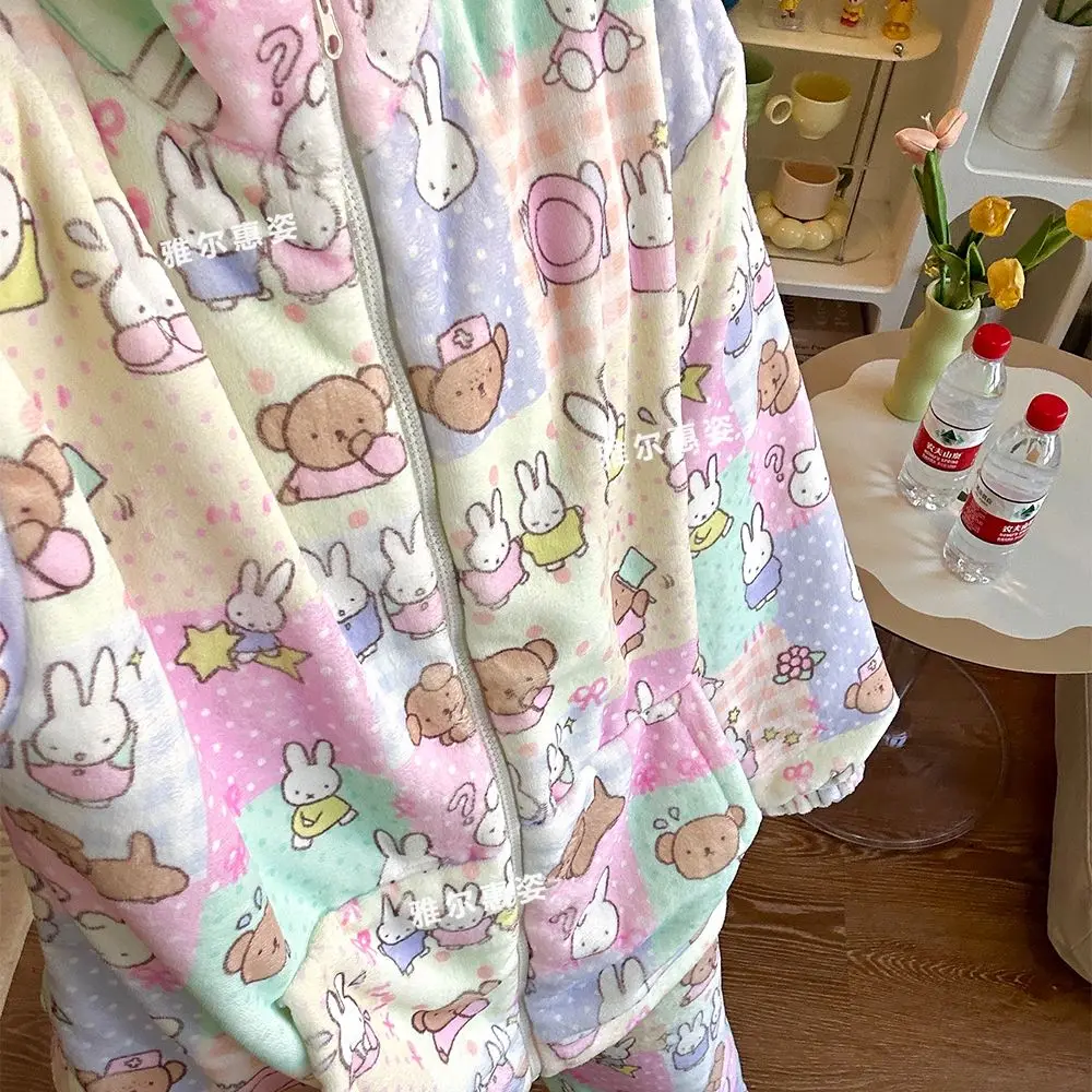 Kawaii Miffy Boris Conjunto de pijama de flanela térmica espessada desenho animado fofo de pelúcia macio conjunto de roupas caseiras presente de Natal