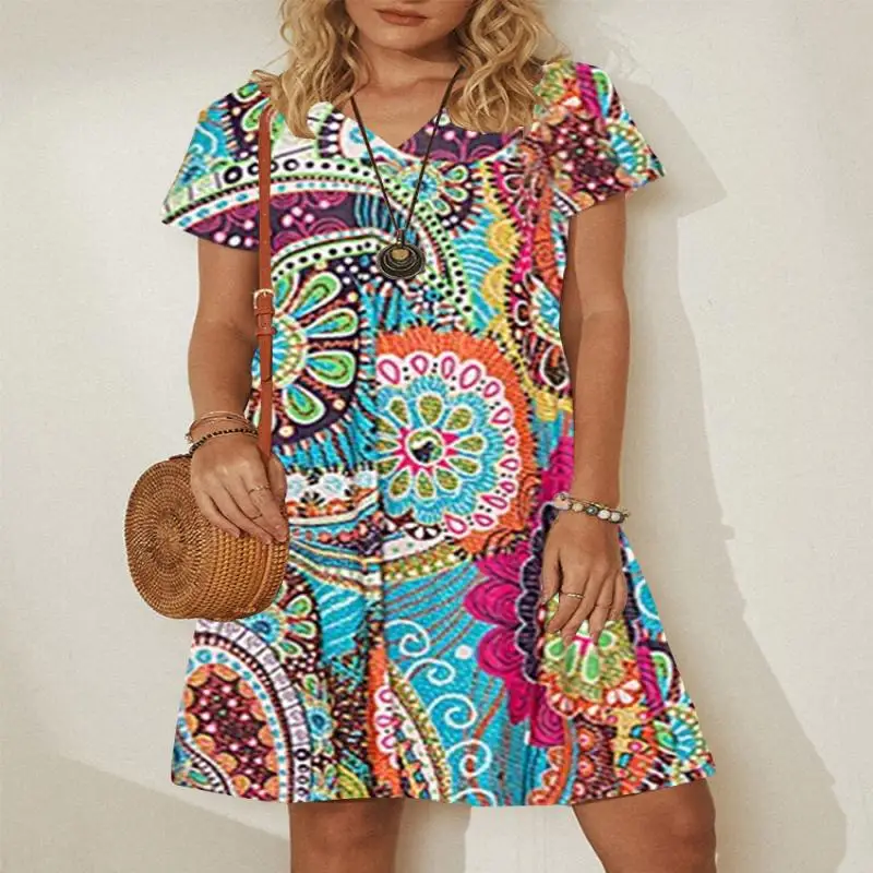 

Women's Clothing Casual Short Sleeve V-neck Colorblock Printed Midi Dress