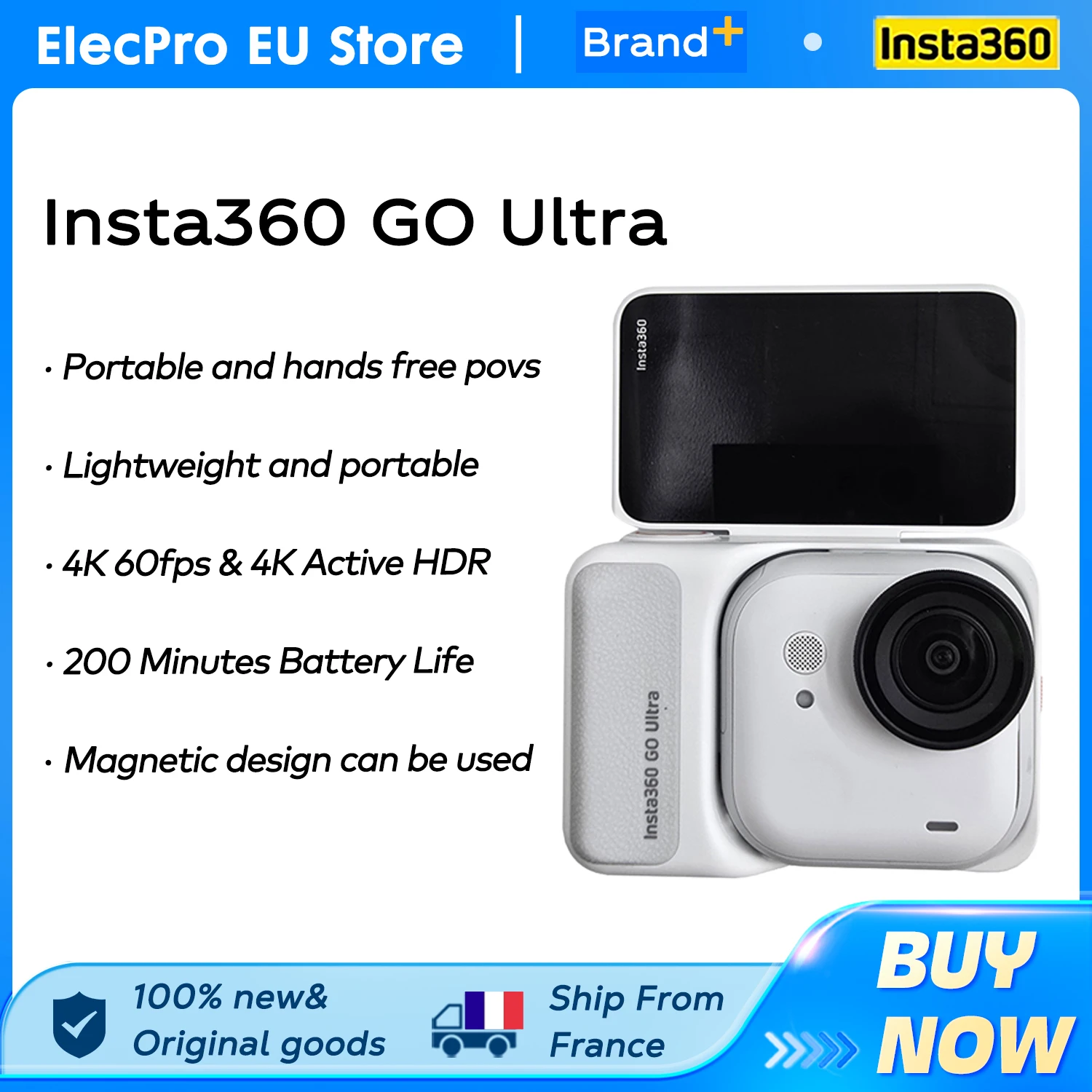 【LOCAL+】Insta360 GO Ultra - Mini caméra 4K mains libres, légère et mobile, excellente stabilisation en basse lumière, batterie 200 min, étanche 10m, nouveau modèle original