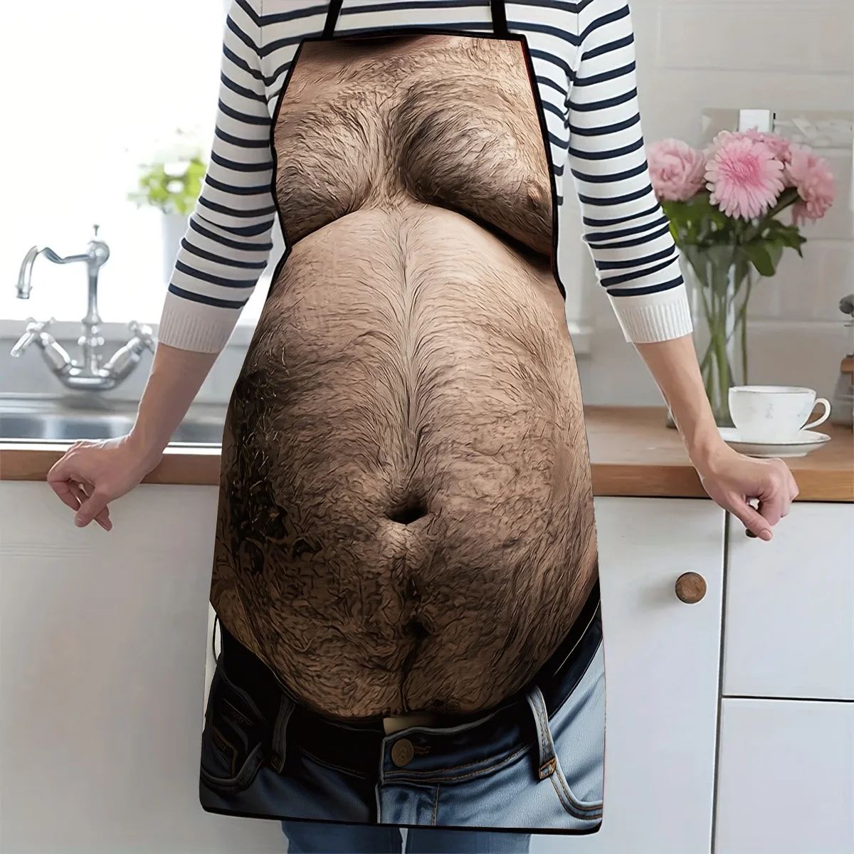 Haariger Bierbauch-Mann Illusions-Schürze Wasserdichte Polyester-Küchenschürze zum Kochen, Backen, Grillen, Party-Scherzartikel, Heimdekoration