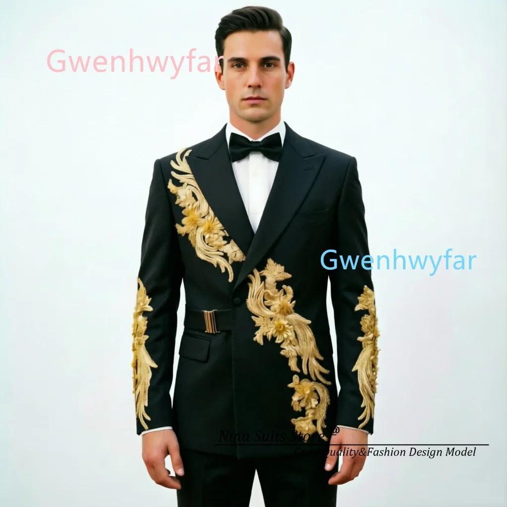 Nina Store 2026 New Arrival Men's Party Tuxedos Black Royal Blue White Red Pink Jacket and Pants Gold Applqiues sewed on Jacket