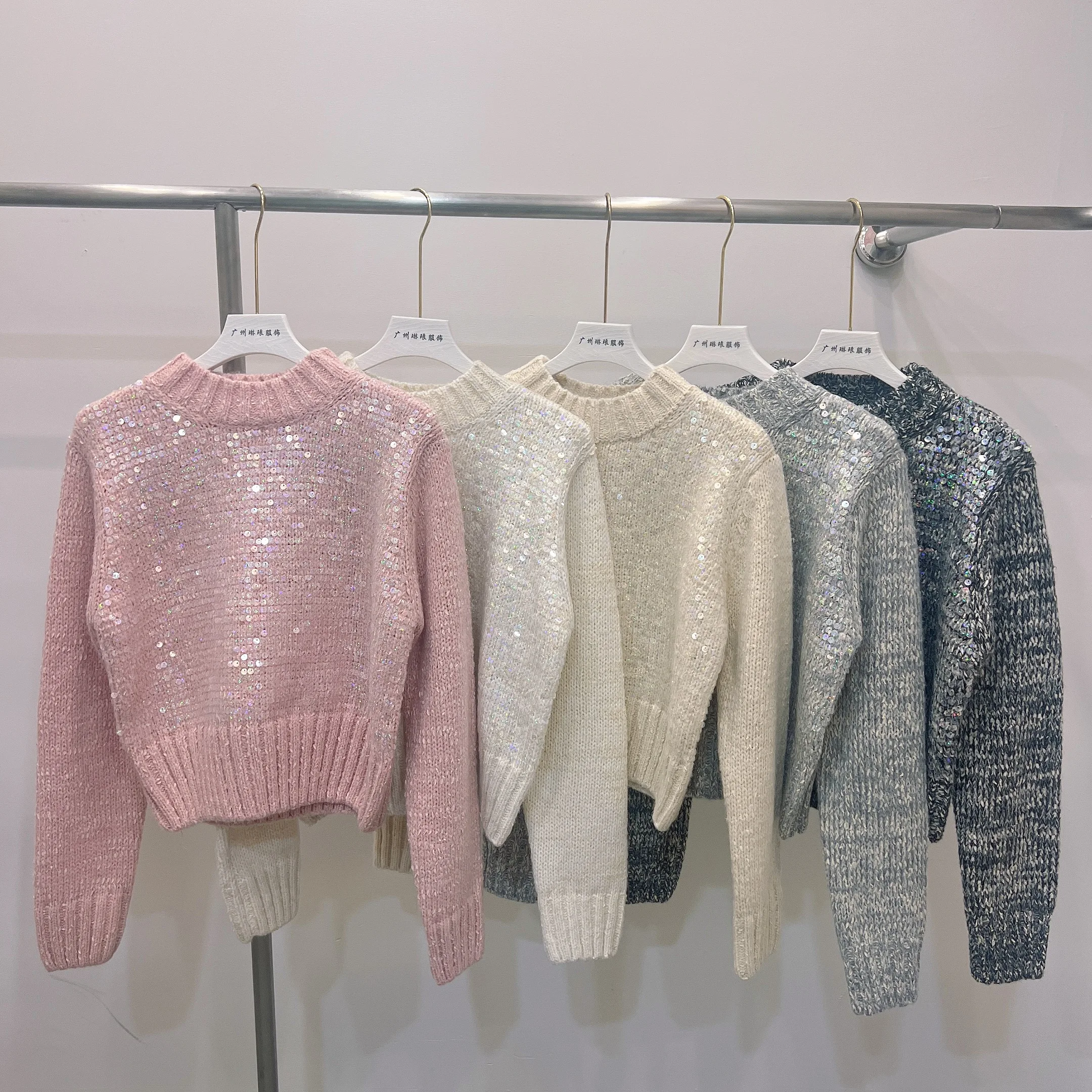 Fashion Sequins Sparkly Pullovers Classical Knitted Sweater Vintage Long Sleeve Streetwear Autumn Winter Elegant Soft Tops C45