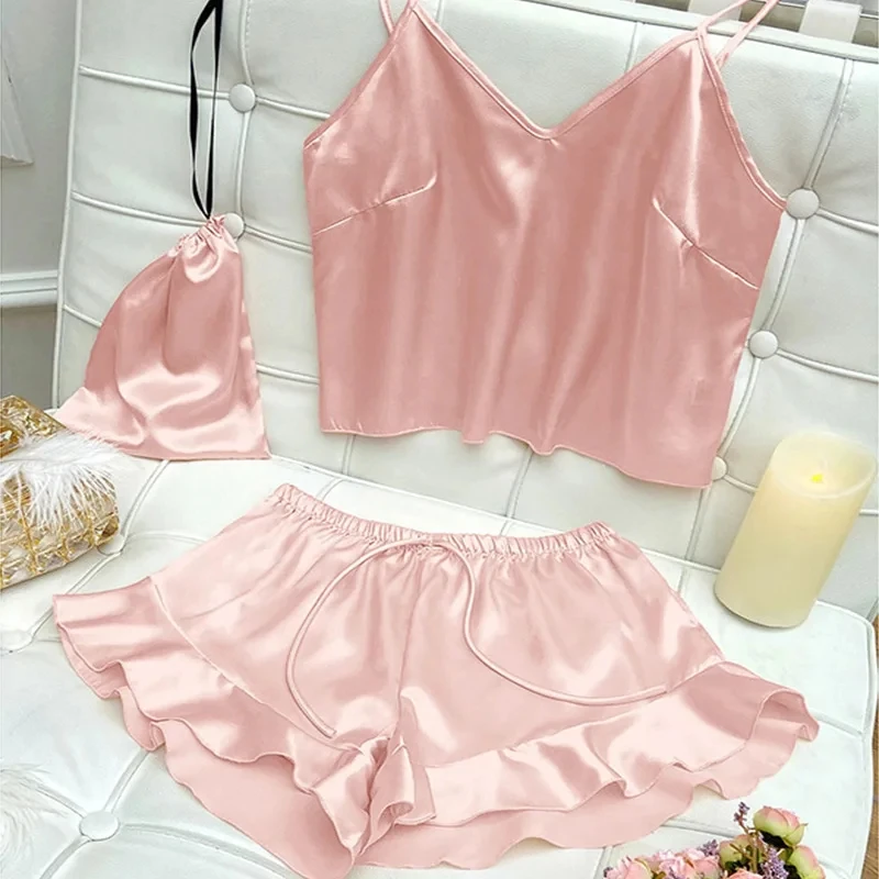 2024 3 Pcs Set Ice Silk Pajama Sets Fashion Soild Suspenders and Shorts With Hanging Bag Home Wear Set Sexy Suspenders