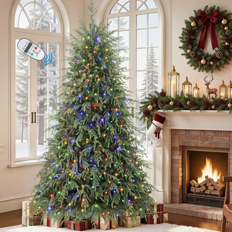 7ft Prelit Hinged Norfolk Pine Artificial Fake Christmas Tree with Remote Control,PE & PVC Branch for Xmas Home Holiday