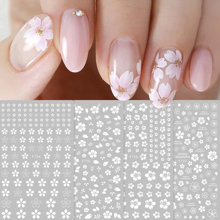 

4pcs Sakura Flower 3D Nail Stickers White Cherry Blossom Nail Art Decals Spring Summer Adhesive Slider Decor Wedding Manicure