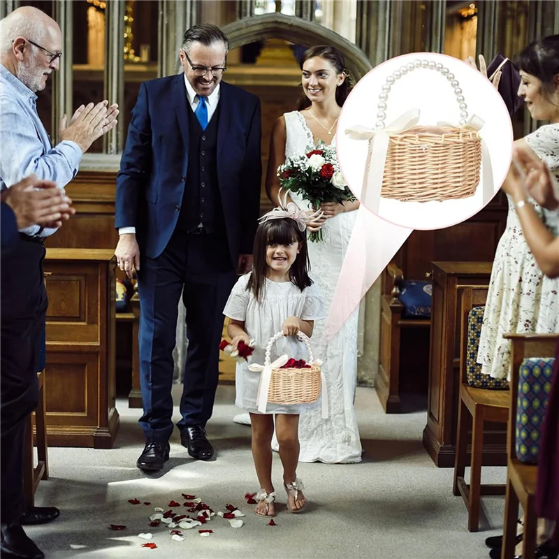

ABAH-4X Wicker Flower Girl Basket For Weddings, Rattan Flower Basket Handmade Flower Girl Basket With Handle And Ribbon