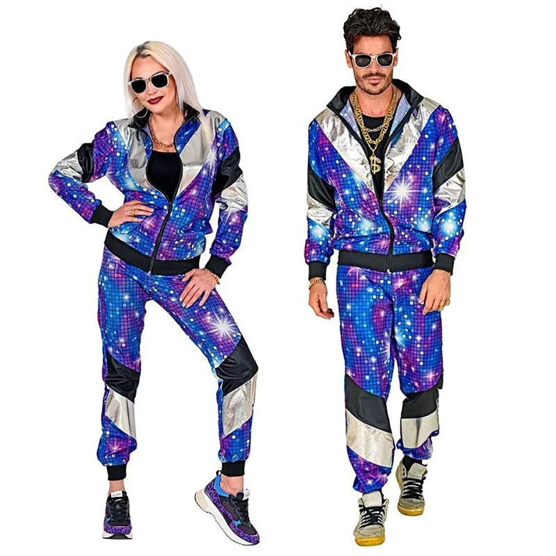 Disco Tracksuit Suit for Men and Women, Windbreaker Coat Pant, Retro Trendy, Hip Hop, 70S, 80S, Adult Stage Performance Costume