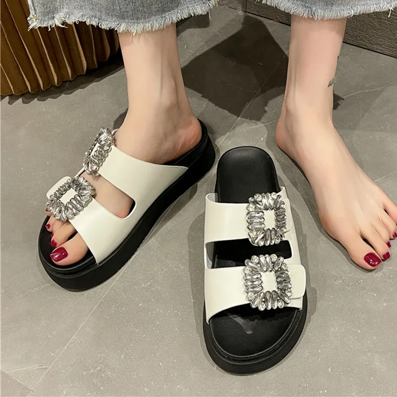 Zapatillas planas de cristal para Mujer, Chanclas de marca de moda con punta abierta, sandalias de playa para exteriores, zapatos de tacón, 2024