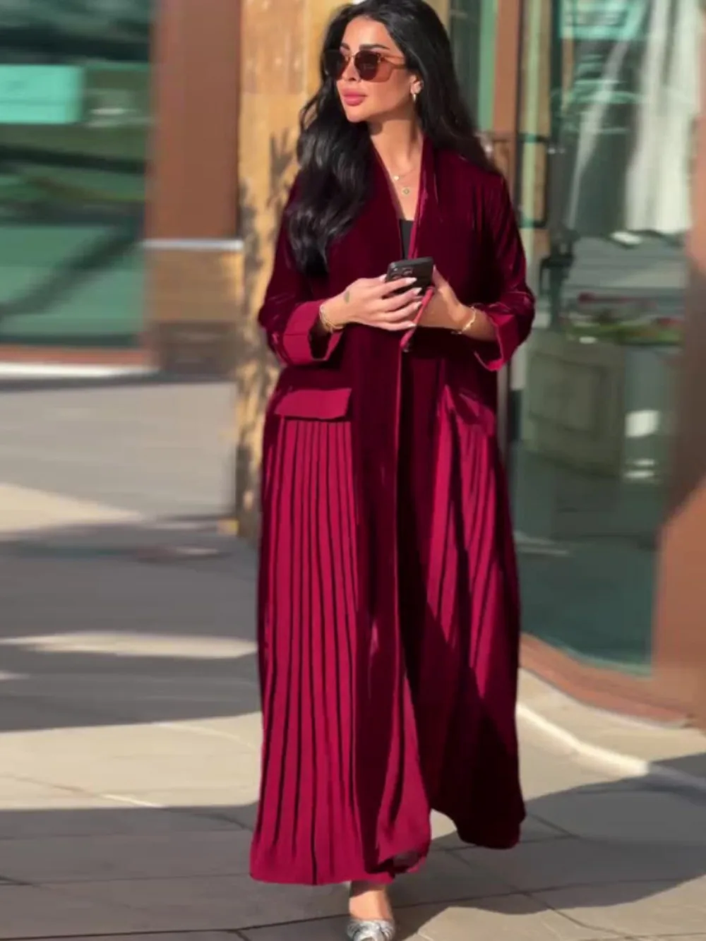 Muslim Women abaya velvet pleated Trench Coat Ramadan Eid Morocco Cardigan Overcoat Folds Long Outerwear Saudi Arab Windbreaker