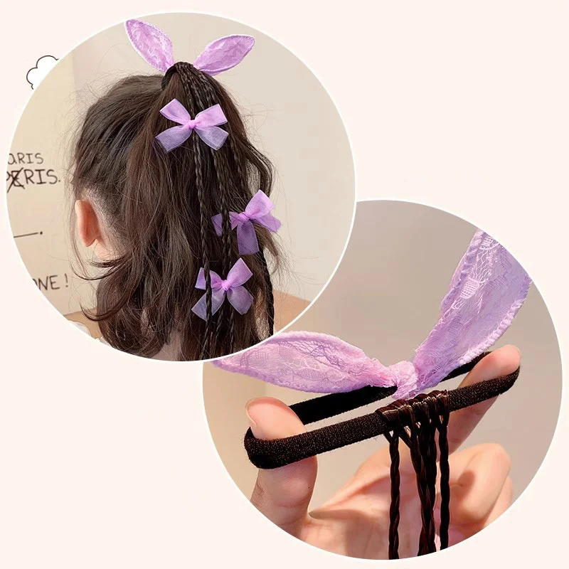 1PC Girls Bow Rabbit Ears Wigs Ponytail Headbands Rubber Bands Hair Bands Lovely Headwear Kids Hair Accessories Hair Ornament