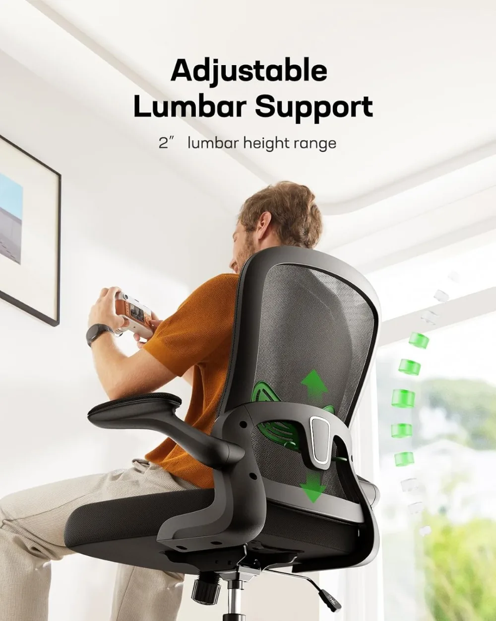 Office Chair Ergonomic-Desk Chair: Mesh Back Home Office Chair with Adjustable Lumbar Support, Computer Desk Chair with Flip-up