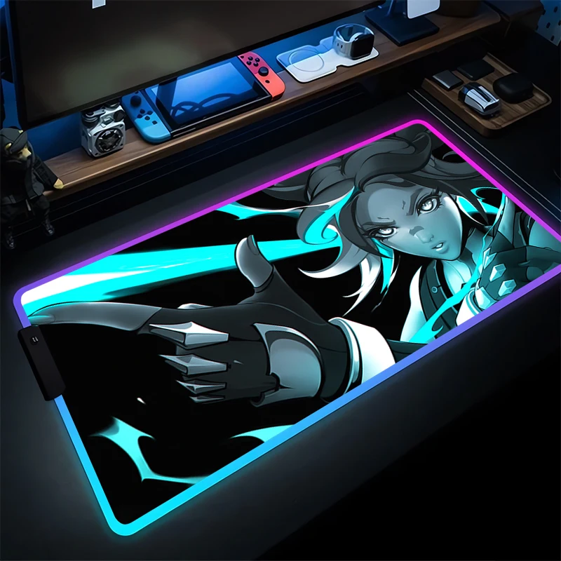 

LED Mouse Pad Gamer Computer Notebook PC Valorant Neon Luminous Mousepad RGB Gaming Accessories Keyboard Pad Anime Girl Desk Mat
