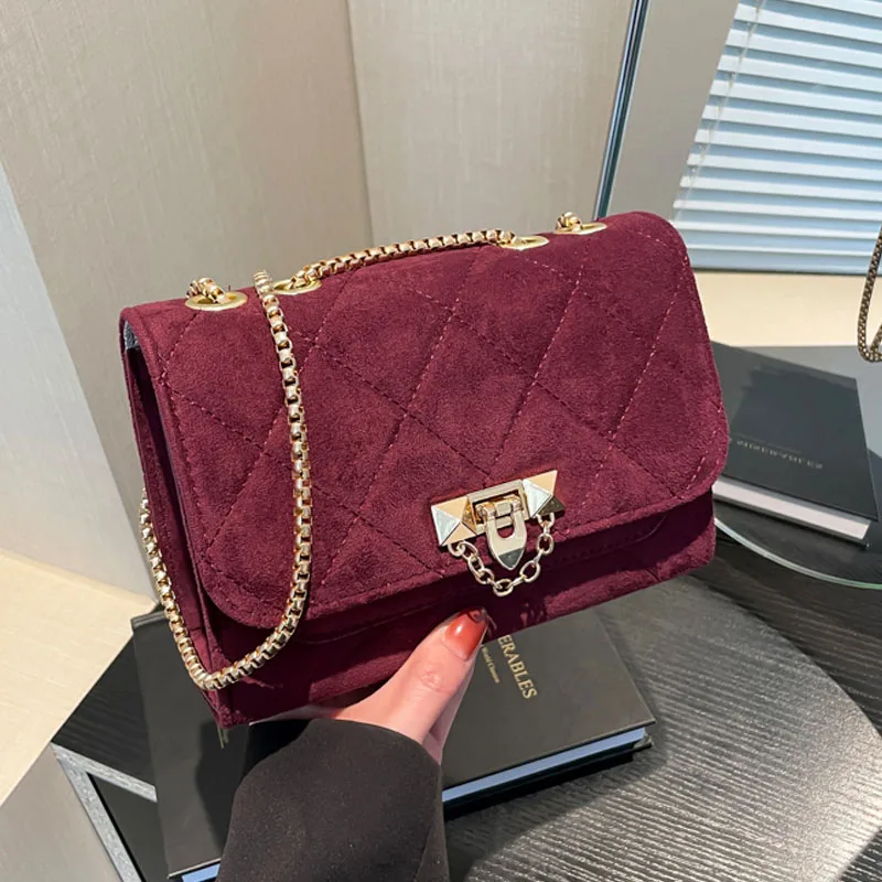 Burgundy Women Vintage Flap Bags Solid Color Small Shoulder Bag Fashion Chain Underarm Bag Suede Fabric Female Crossbody Bags