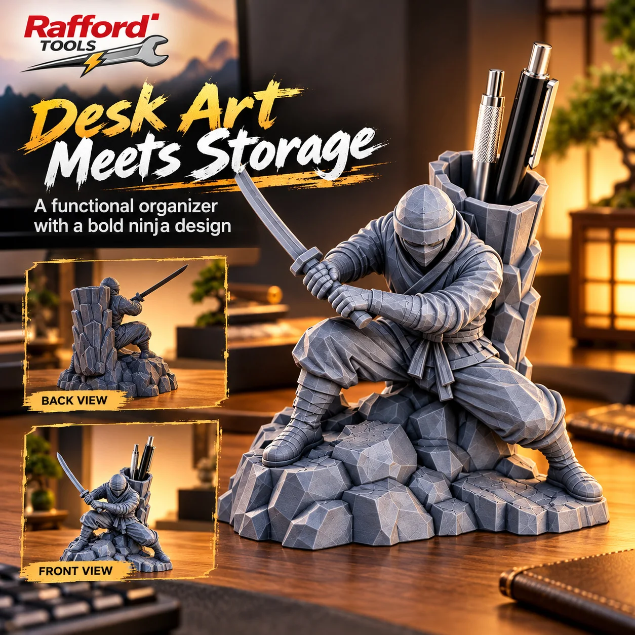 Rafford Ninja Warrior Pen Holder Samurai Sword Figurine Desktop Organizer Creative Pencil Storage Stand Office Desk Decor Gift