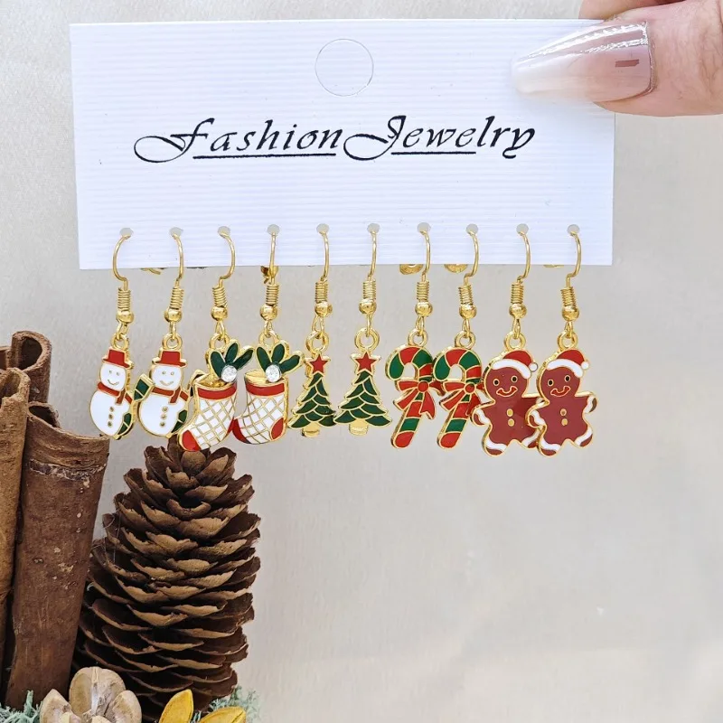 10PCS Christmas Earrings Set Alloy Dripping Oil Snowflake Santa Claus Stars Earrings Women Jewelry Christmas Gifts