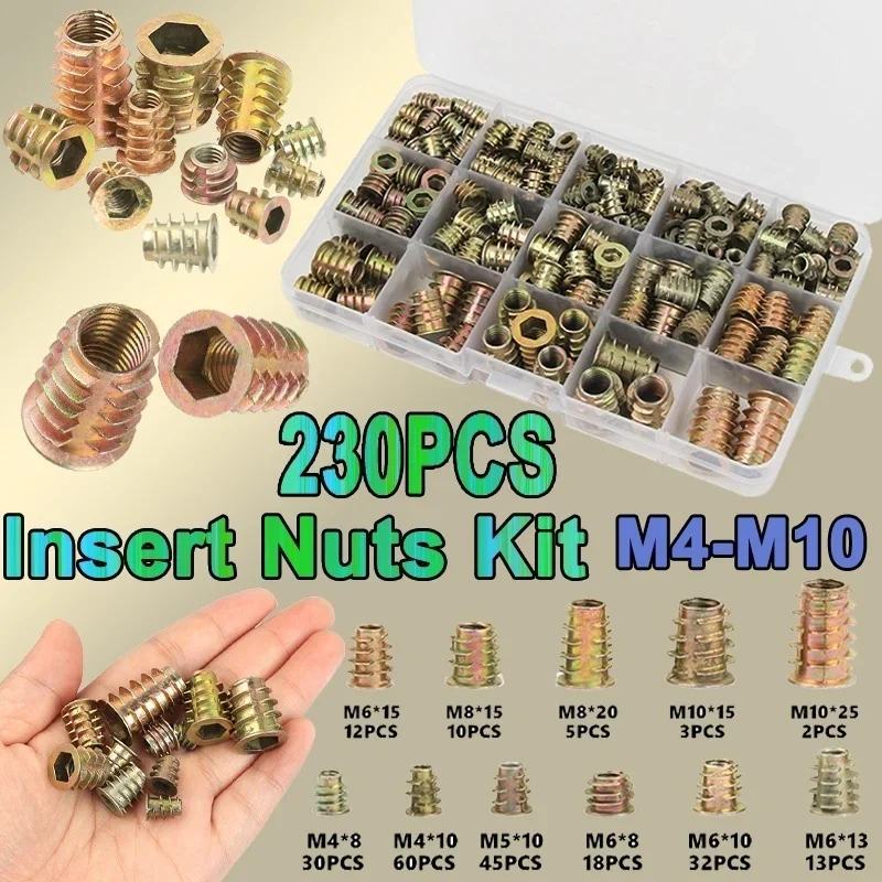 70/100/230pcs Threaded Inserts Nuts, Threaded Wood Inserts Nuts Assortment Tool Kit, 11 Sizes Metric M4/M5/M6/M8/M10 Hex Socket