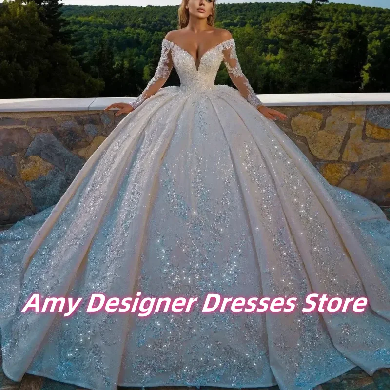 

Customized V-Neck Lace Wedding Dresses Off The Shoulder Long Sleeve Shiny Beaded Sequins Princess Ball Gown Vestidos De Novia