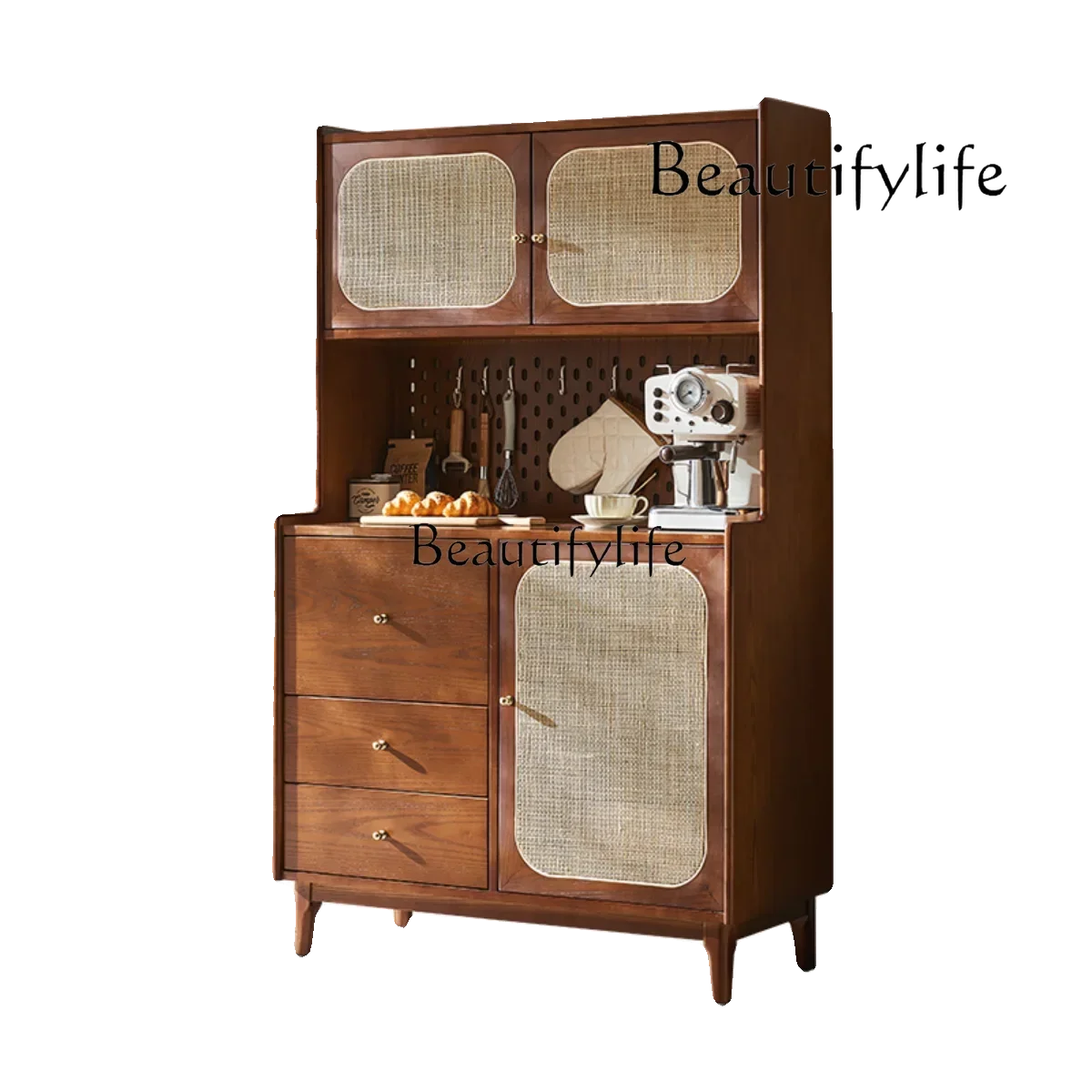 Rattan locker High cabinet Nordic medieval solid wood dining side cabinet Tea porch Japanese wine cabinet integrated