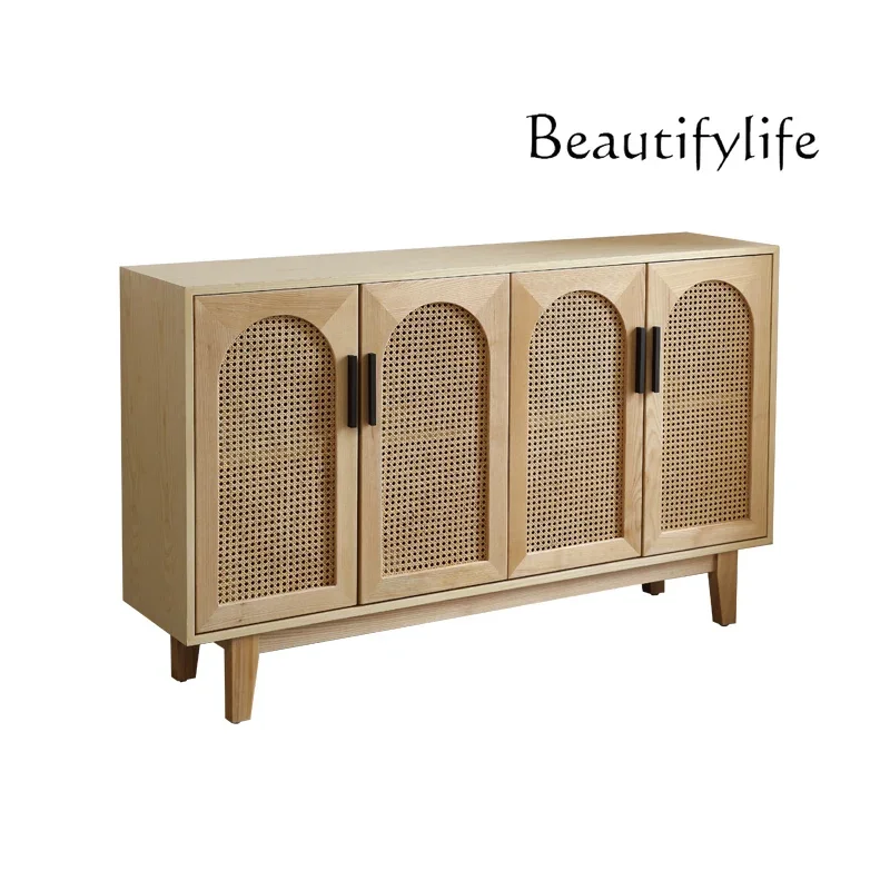 

Nordic dining side solid wood home living room home shoe cabinet simple rattan storage wabi sandy wind B & B light luxury