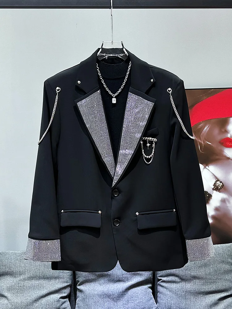 

Korean Sle New High Faion Versatile Trendy Suit Jaet ular Rhinestone Design Metal Chain Decoration Men's Suit Casual