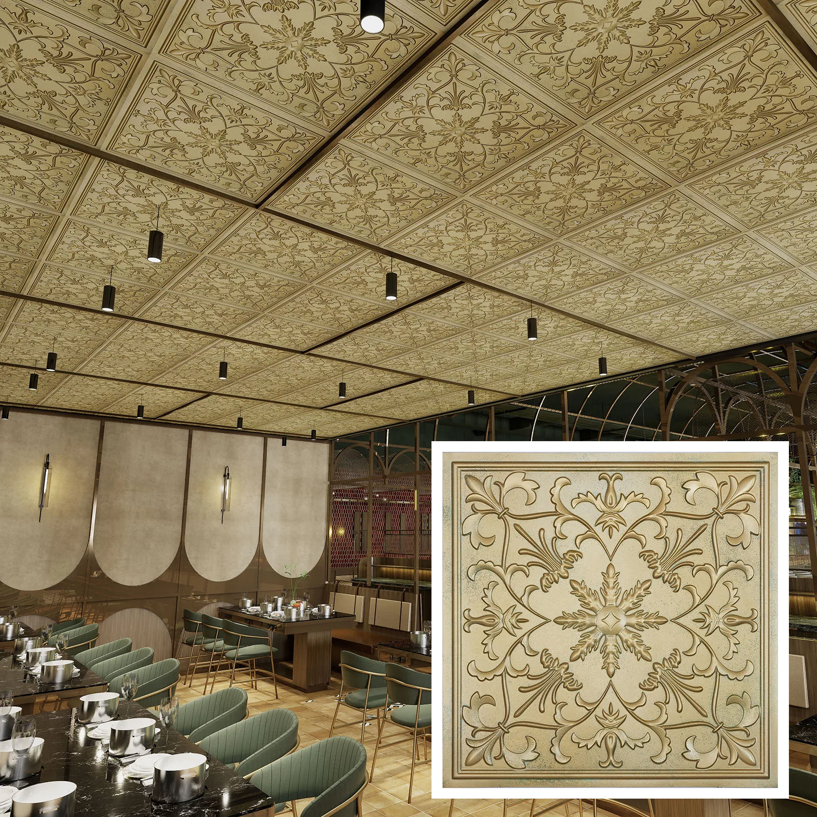 Chalk painted ceiling tiles Vintage wall panels for Public house PL70 Brass verdigris 10pcs