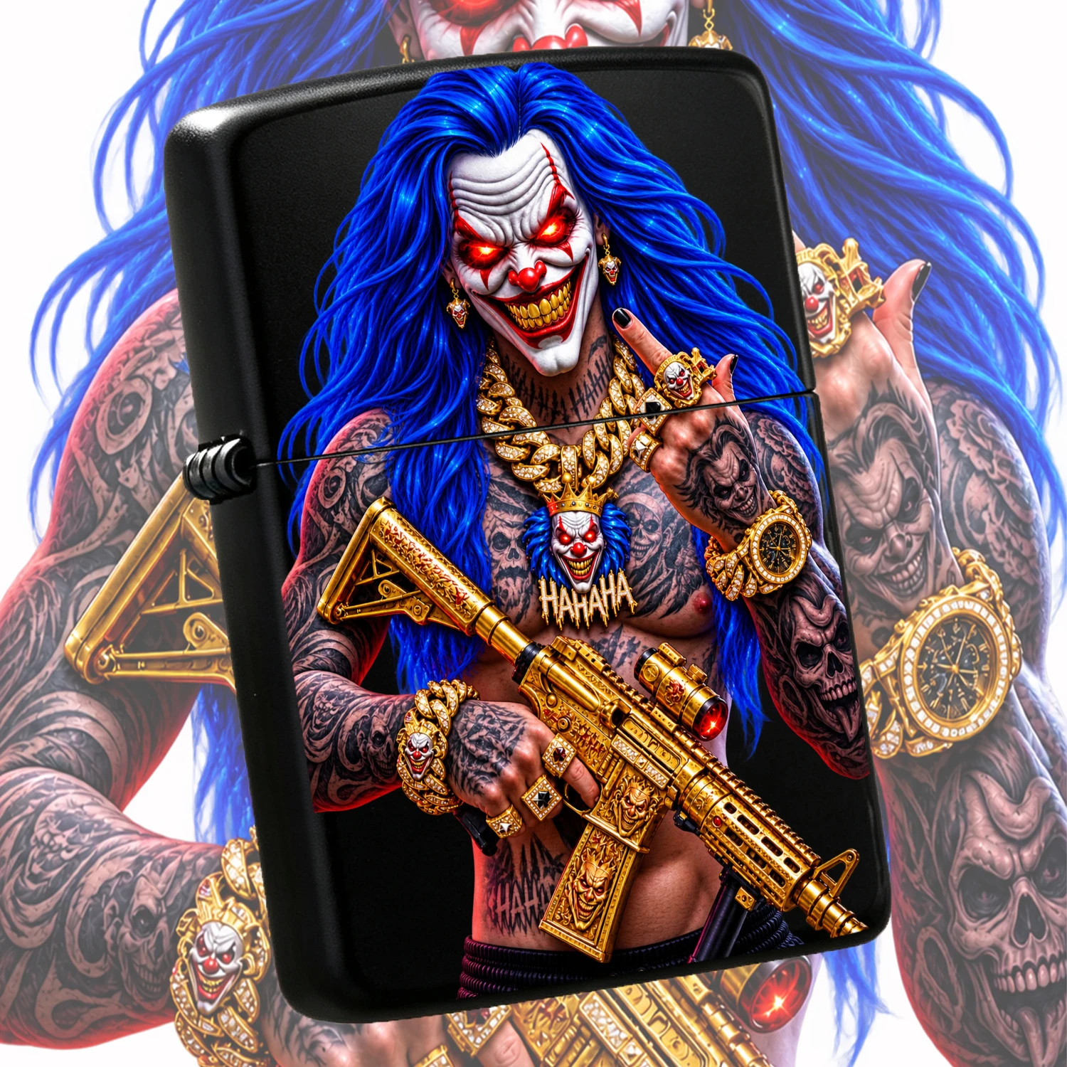 Trendy Hip Hop Blue Hair Crazy Printed Lighter, Full Iced Gold Style Art Pattern Portable Accessory, Ideal For Daily Carry, Party, Gifting To Friends, All Scenes Fit Cool Creative Portable Must Have For Trend Chasers A Humorous And Interest