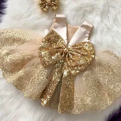 Big Bow Flower Champagne 1srt Birthday Dress Baby Girl Clothes Princess Party Baptism Dress Infant Vestidos Toddler Costume