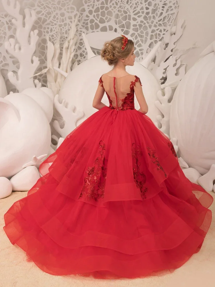 Customized Red Layered Fluffy Sleeveless Lace Applique Flower Girl Dress for Wedding Princess Child First Birthday Party Dress