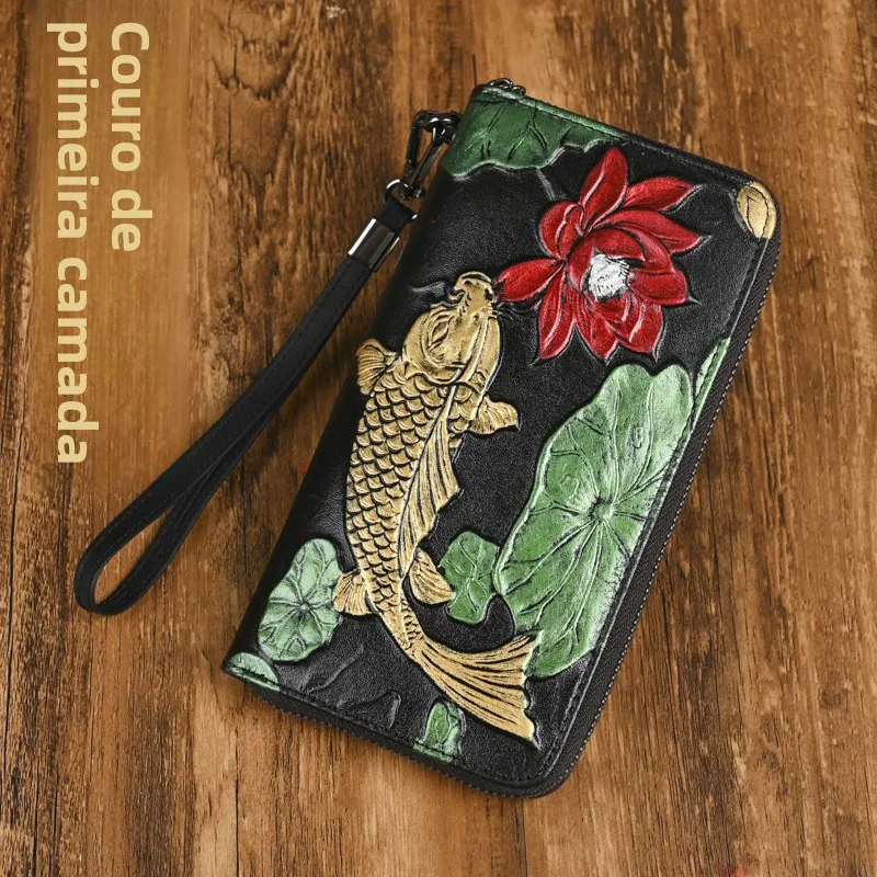 retro-floral-embossed-top-layer-cowhide-leather-long-wallet-handbag-genuine-leather-anti-theft-for-women-mobile-phone-bag