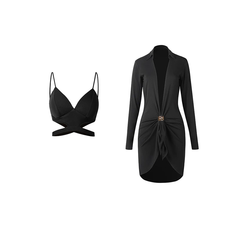 Czarna sukienka do tańca latynoamerykańskiego z długim rękawem, sukienka do występów i ćwiczeń rumby, cha-chy, sukienka z głębokim dekoltem w serek, płaszcz.