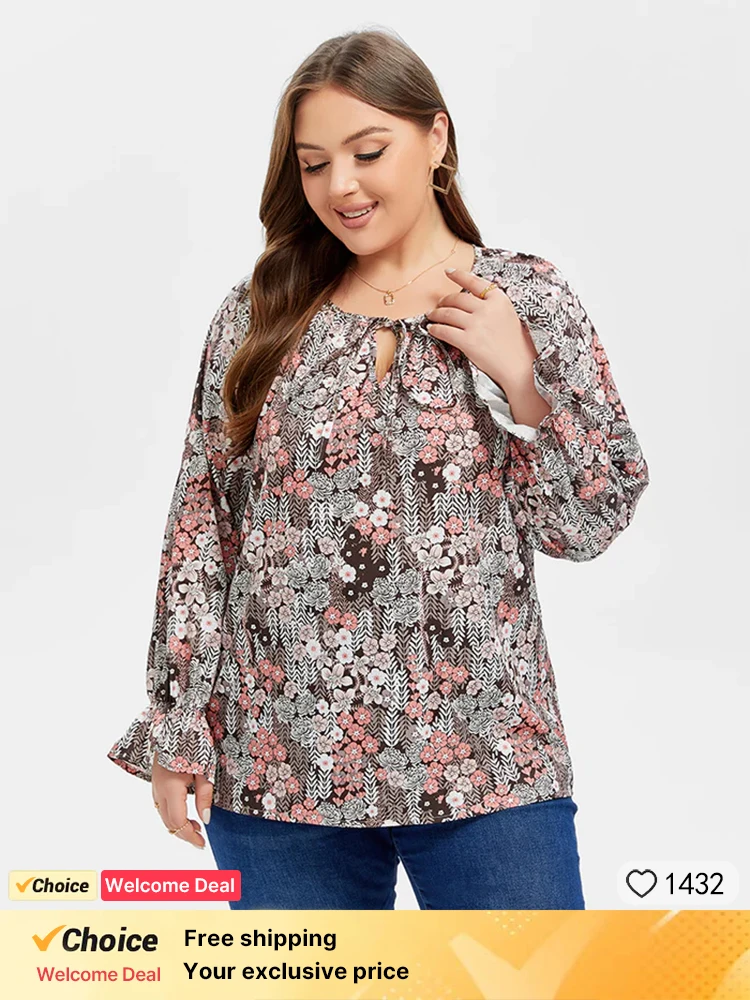 Plus Sized Clothing Floral Print Tie Neck Flounce Sleeve Blouse Elegant Shirts And Blouses Woman Clothes 2024