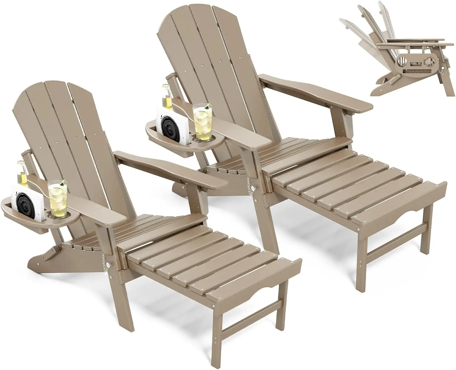 

Регулируемое кресло Adirondack с выдвижной подставкой для ног, комплект из 2 штук, складное кресло Adirondack из HDPE с подстаканником, всепогодное, для зоны у костра
