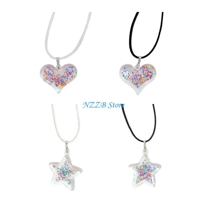 

T21F Eye catching Acrylic Five Pointed Star Necklace with Sparkling Glitters Crystal Heart Charm Clavicle Chain Holiday Gift