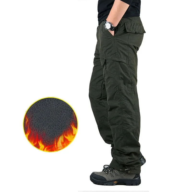 Men\'s Winter Thick Warm Military Cargo Pants Double Layer Fleece Overalls Casual Cotton Rip-Stop Tactical Baggy Thermal Trousers