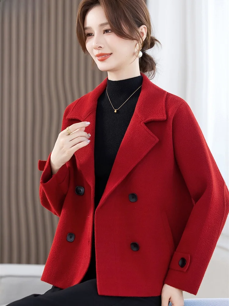 

Red Double-Breasted Short Woolen Coat Autumn Winter Fashion Ladies' Jacket with Big Collar Lucky Year Open Cardigan for Women