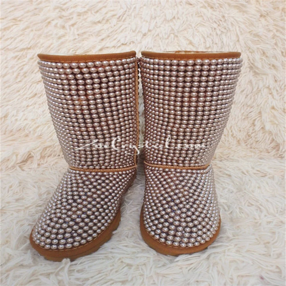 Custom high cylinder pearl splicing rhindiamone female fur luxury women's large size warm snow boots 35-44