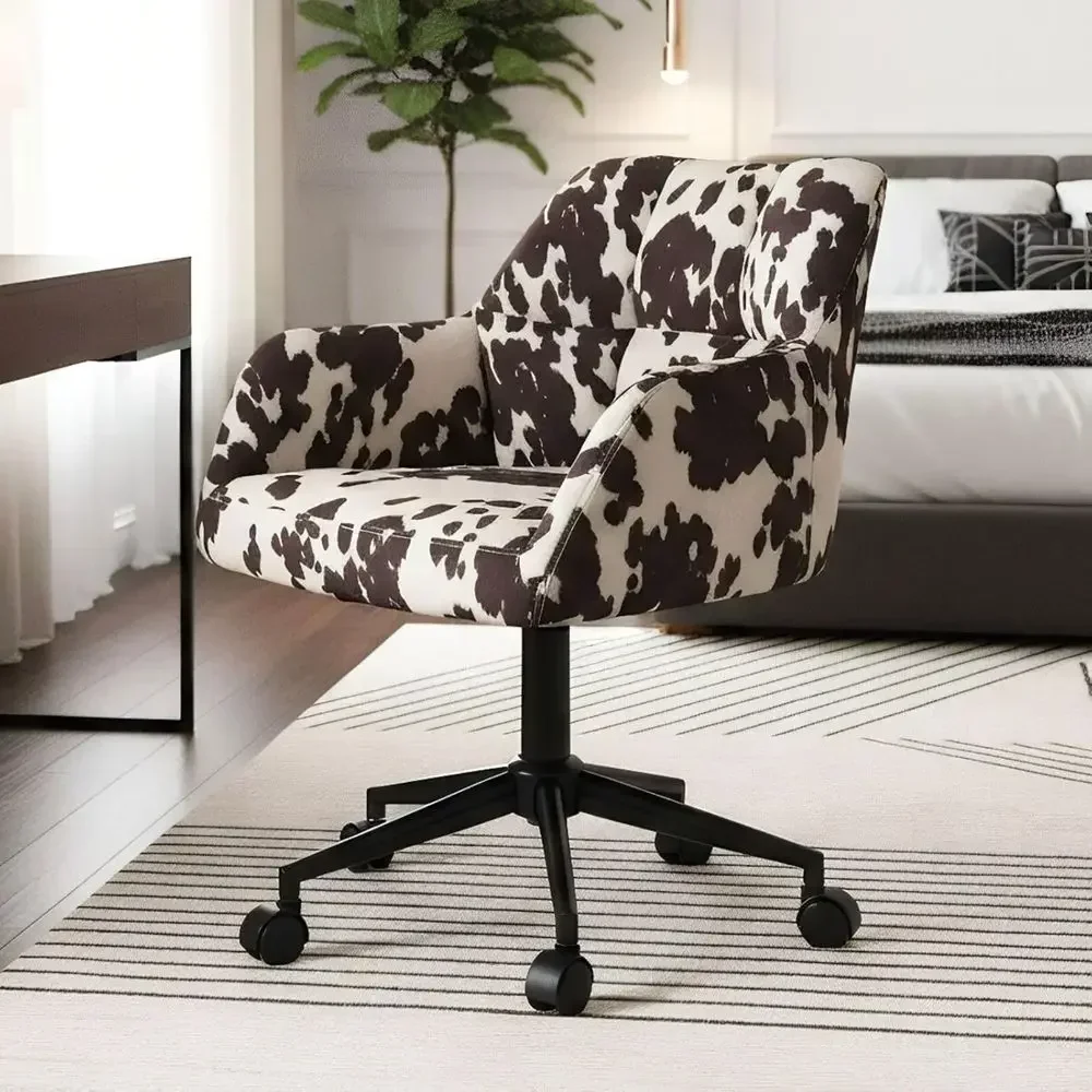 Swivel Home Office Desk Chair with Wheels, Cow Print Velvet, Height Adjustable, Comfortable Ergonomic Upholstered Vanity Makeup