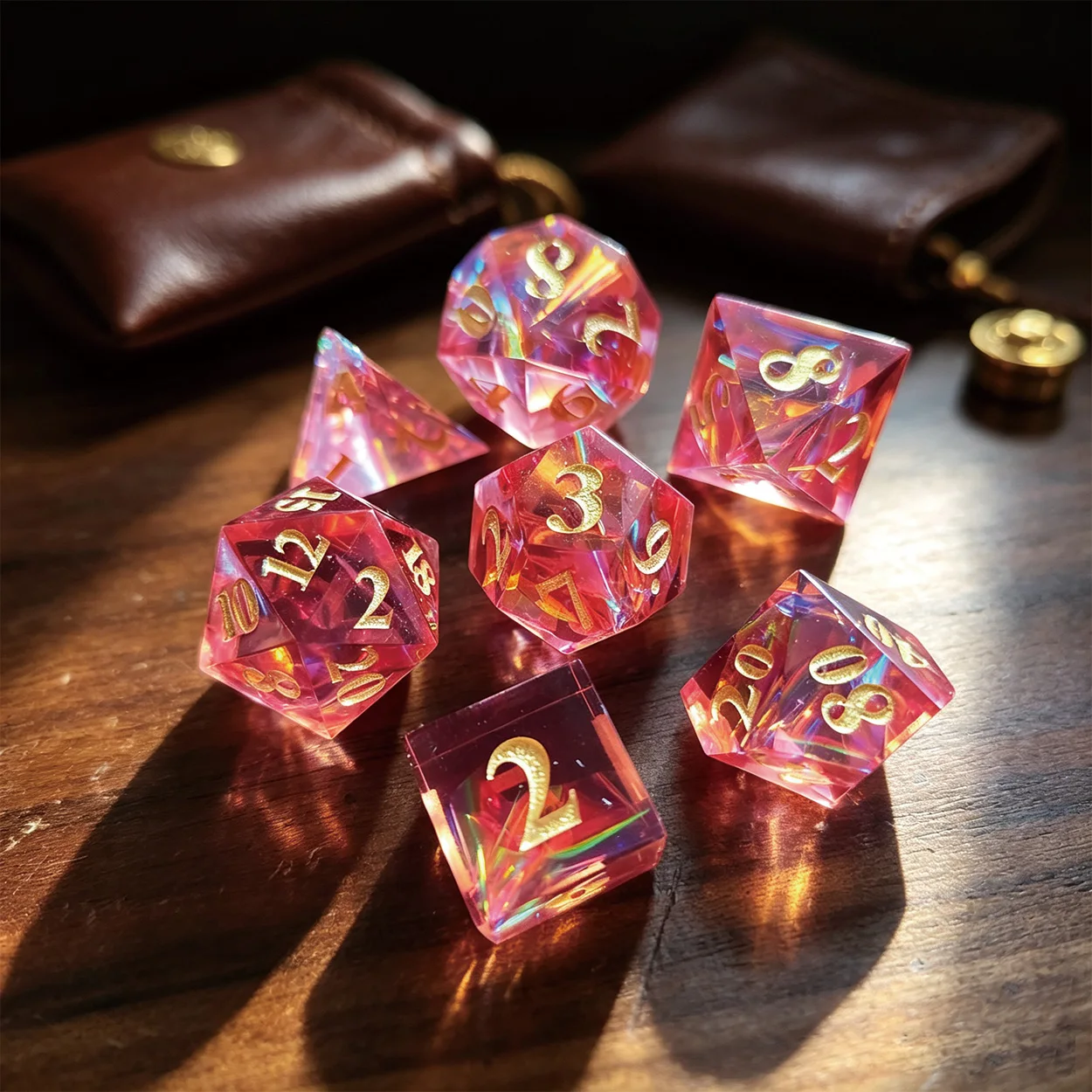 7Pcs Sharp Edge Resin DND Dice Set, Internally embedded rainbow laser foil Polyhedral Dice with Gold Numbering