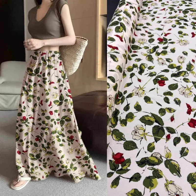 

White Silk Crepe de Chine Fabric with Green Leaves Red Floral Print for DIY Sewing Dress Pants Skirt Pajamas Silk Fabric R2527